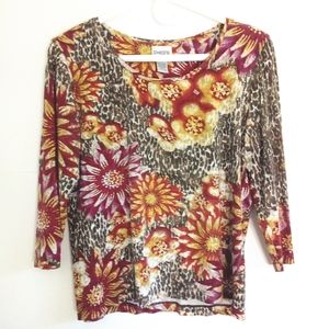 Chico's Women's Top Medium Floral Red Yellow Tan 3/4 Sleeve